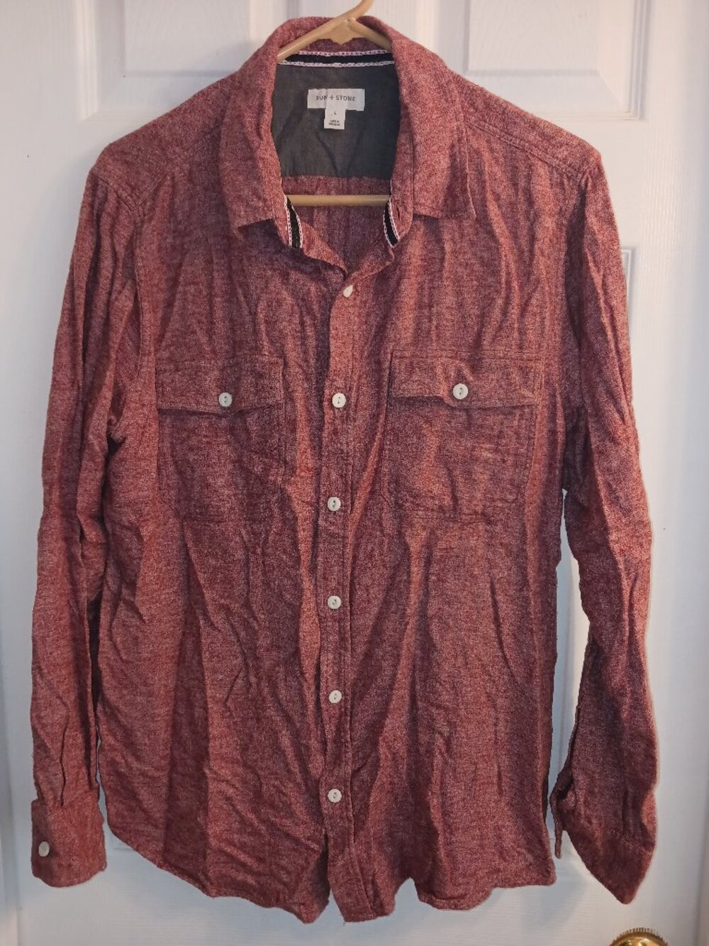 Sun + Stone Men's Red Heathered Long Sleeve Button Up Utility Shirt Pockets L